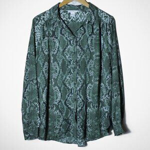 H&M Blouse Womens Size 16 Green Long Sleeve Button Up Snake Animal Print Career